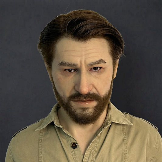 Realistic Human-Face Mask with Implanted Beard – Premium Silicone Headgear for Cosplay, SFX & Film