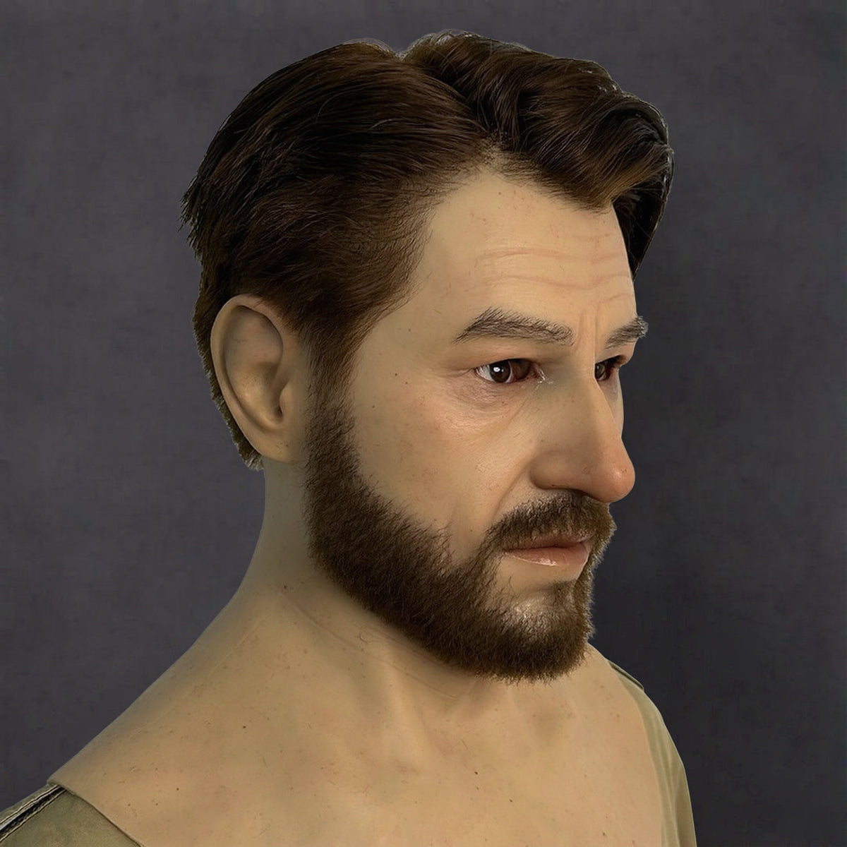 Realistic Human-Face Mask with Implanted Beard – Premium Silicone Headgear for Cosplay, SFX & Film