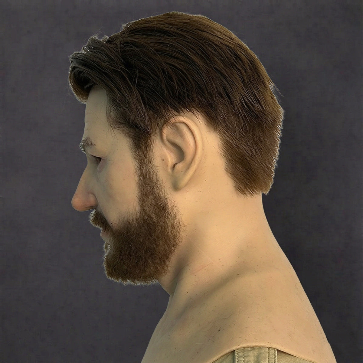 Realistic Human-Face Mask with Implanted Beard – Premium Silicone Headgear for Cosplay, SFX & Film