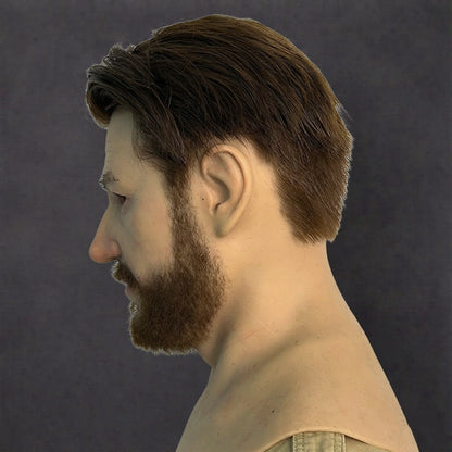Realistic Human-Face Mask with Implanted Beard – Premium Silicone Headgear for Cosplay, SFX & Film