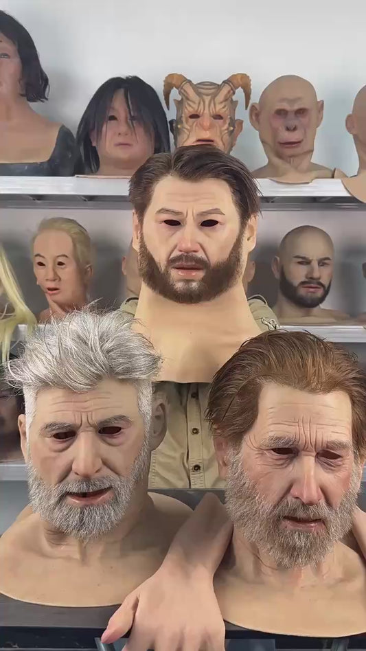 Realistic Human-Face Mask with Implanted Beard – Premium Silicone Headgear for Cosplay, SFX & Film